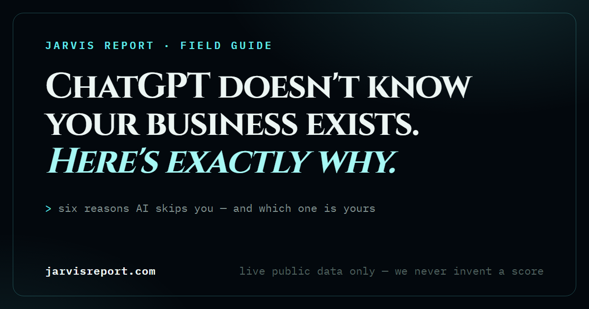 Warm dark card reading: ChatGPT doesn't know your business exists — here's exactly why